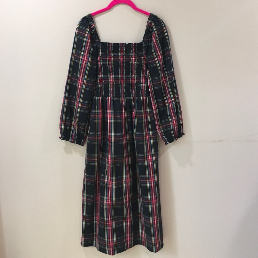 J.Crew Midi Dress Women S Tartan Plaid Smocked Square Neck Long Sleeve BM070 New - Picture 5 of 10